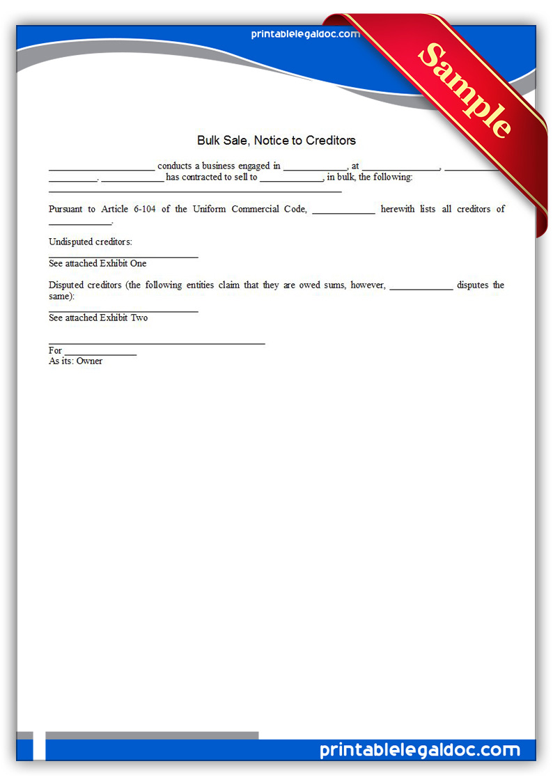 Free Printable Bulk Sale, Notice To Creditors Form (GENERIC)