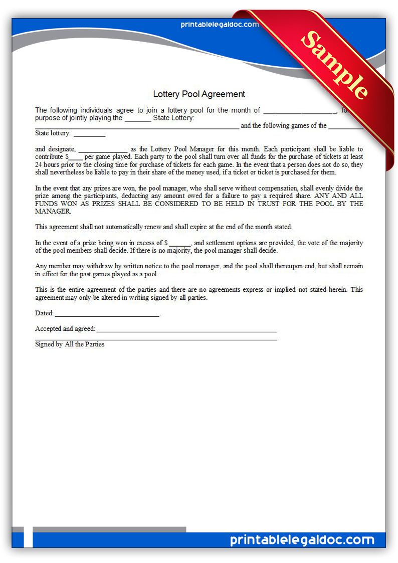 Free Printable Lottery Pool Agreement Form GENERIC 