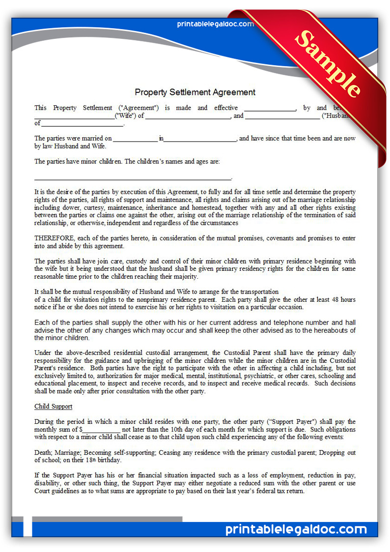 Free Printable Property Settlement Agreement Form (GENERIC) Within property settlement agreement sample