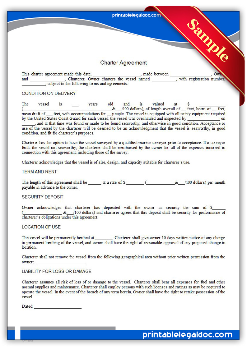 Free Printable Charter Agreement Form (GENERIC) In yacht charter agreement template Free Printable Charter Agreement Form (GENERIC) In yacht charter agreement template