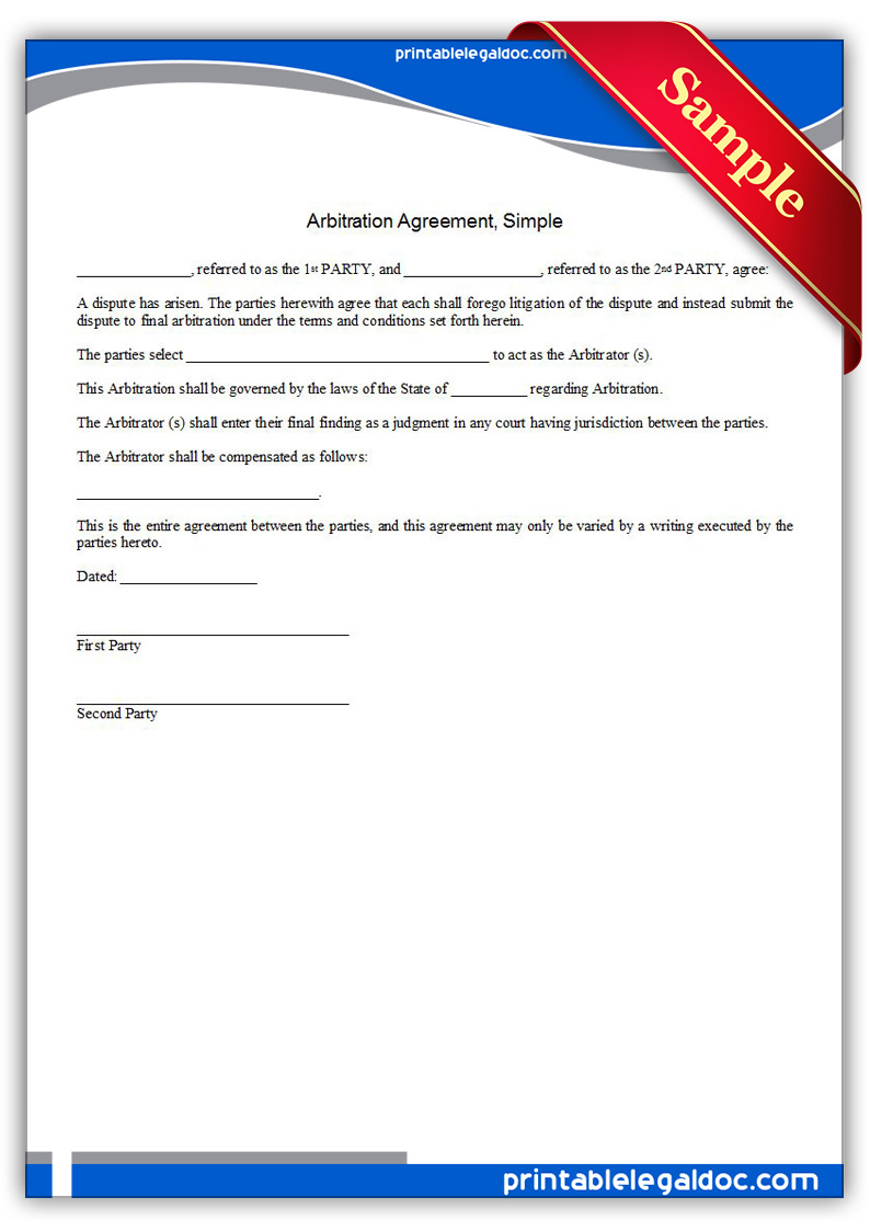 Free Printable Arbitration Agreement,Simple Form
