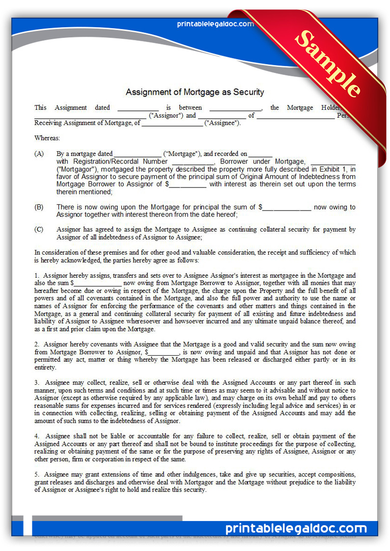 Free Printable Assignment Of Mortgage As Security Form