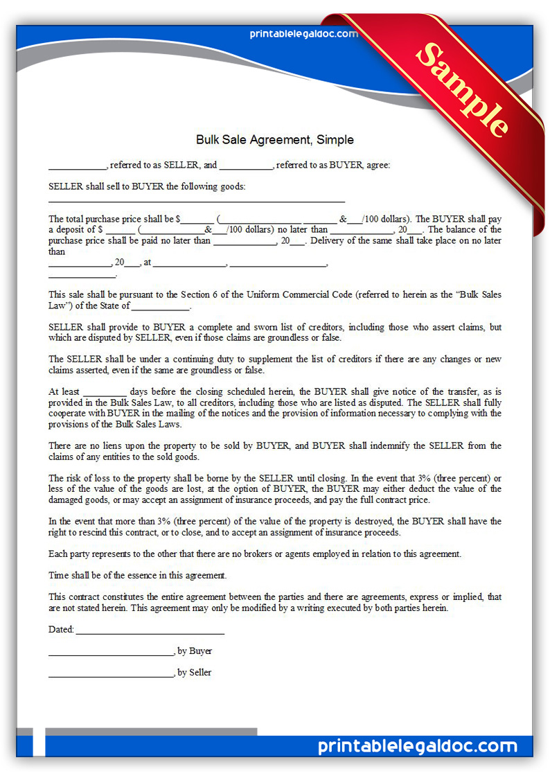 Free Printable Bulk Sale Agreement, Simple Form