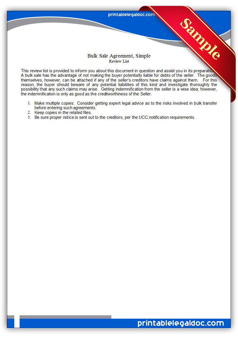 Bulk Sale Agreement, Simple Form Free Printable Free Printable Bulk Sale Agreement, Simple Form