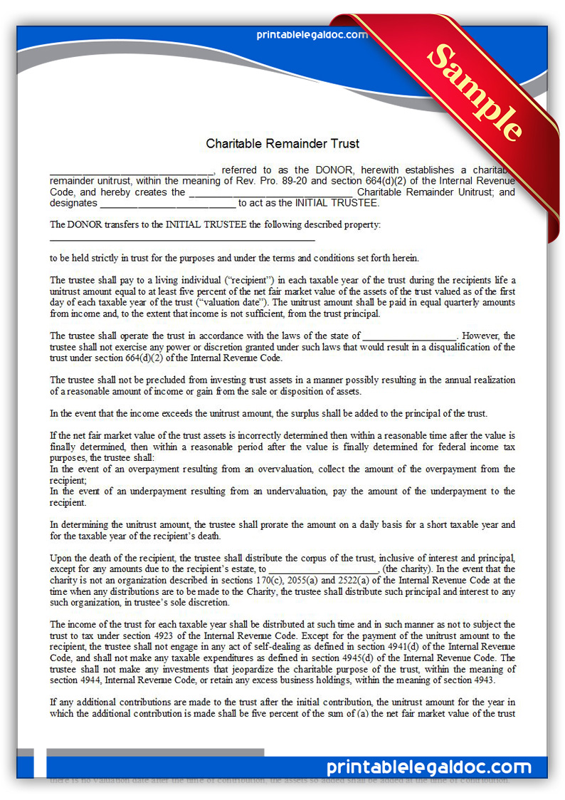 Free Printable Charitable Remainder Trust Form
