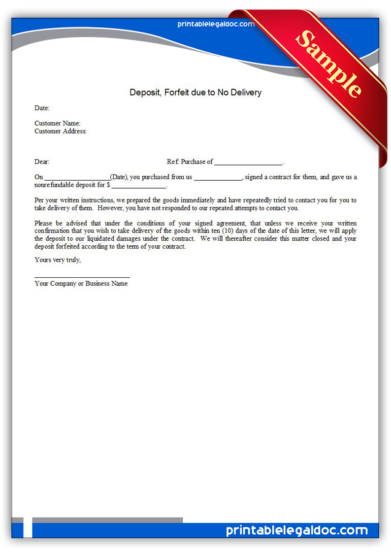 Deposit, Forfeit Due To No Delivery Form Free Printable Free Printable Deposit, Forfeit Due To No Delivery Form