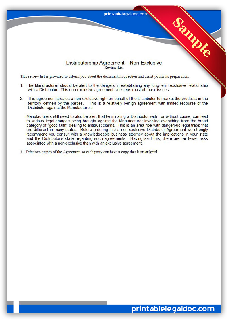 Free Printable Distributor Agreement, Nonexclusive Form