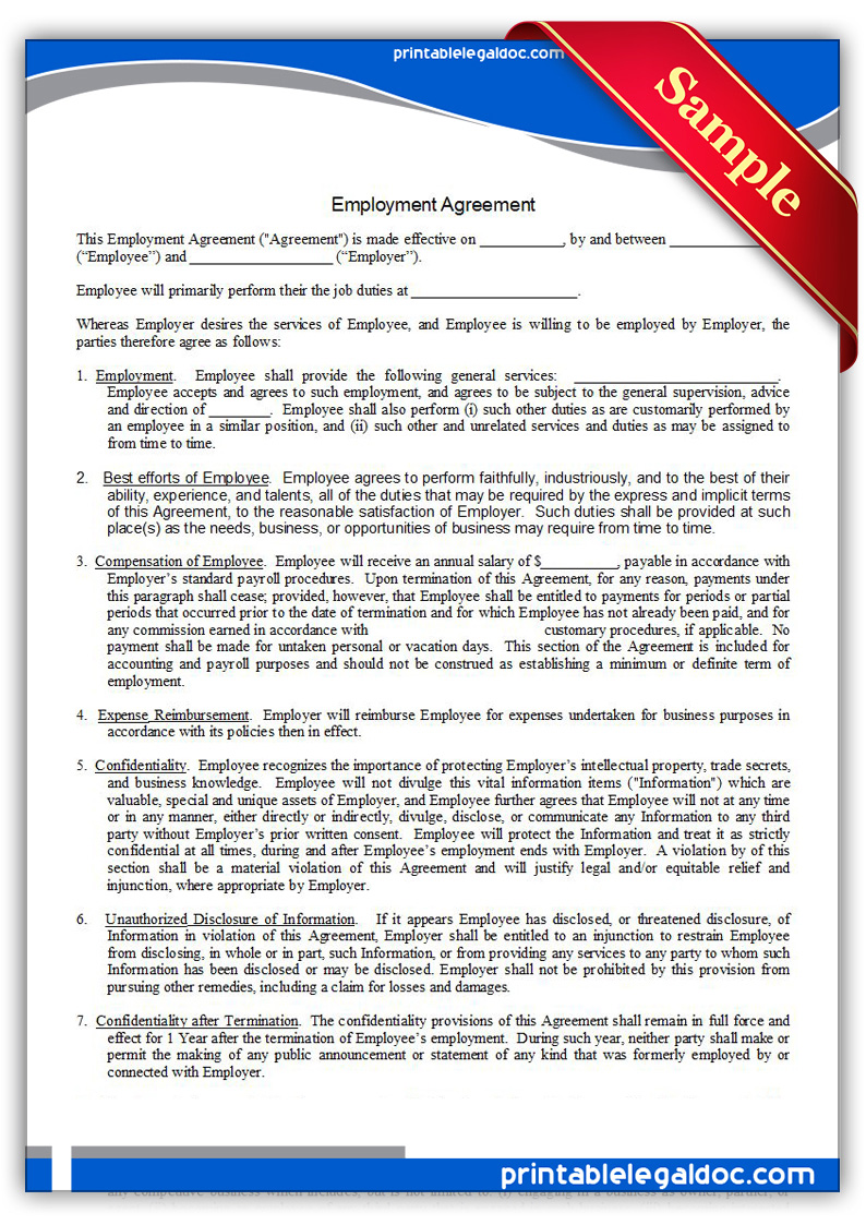 Free Printable Employment Agreement Form