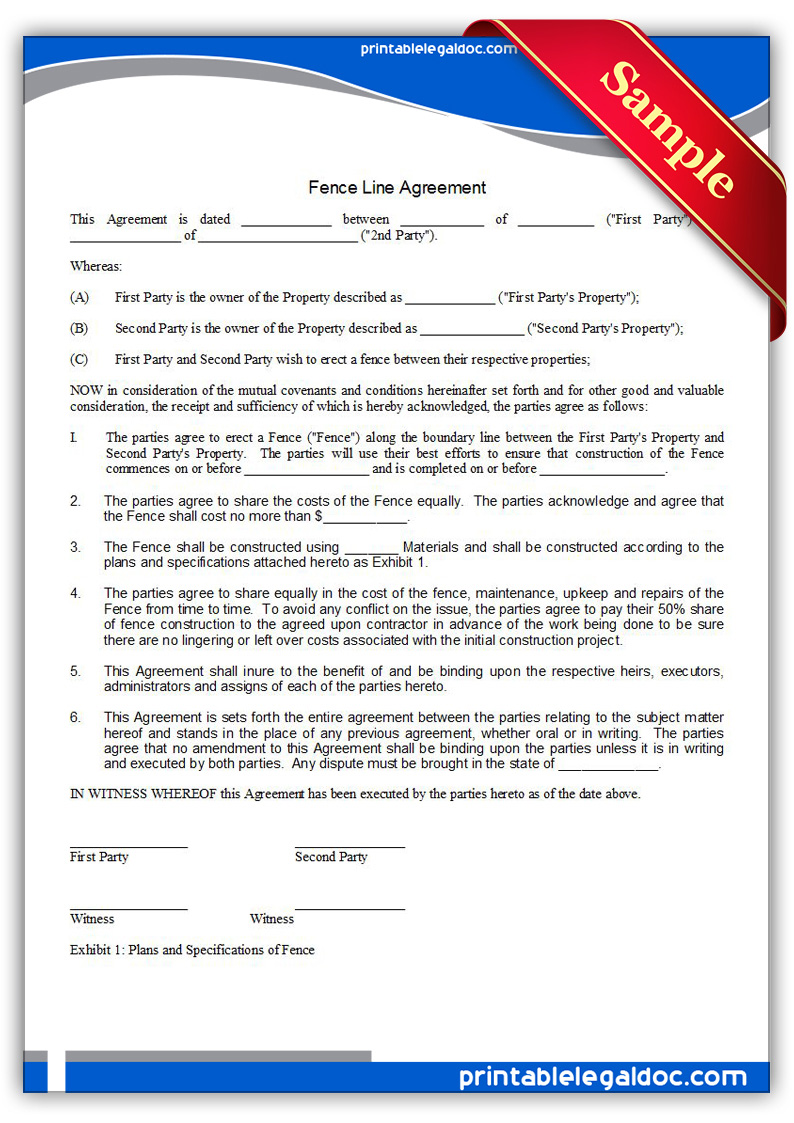 Free Printable Fence Line Agreement Form GENERIC 