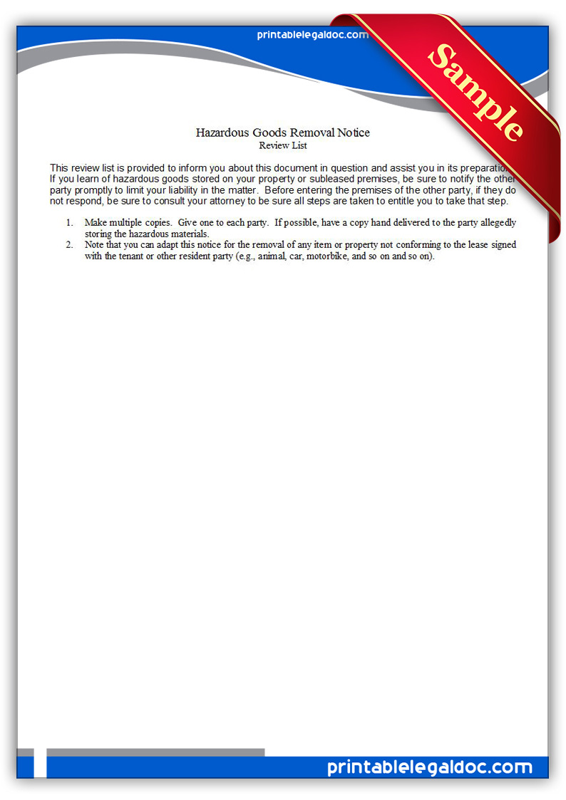 Free Printable Hazardous Goods Removal Notice