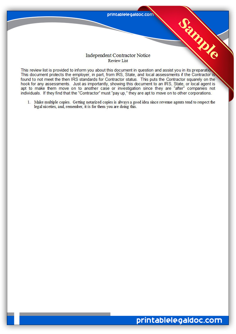Free Printable Independent Contractor Notice Form