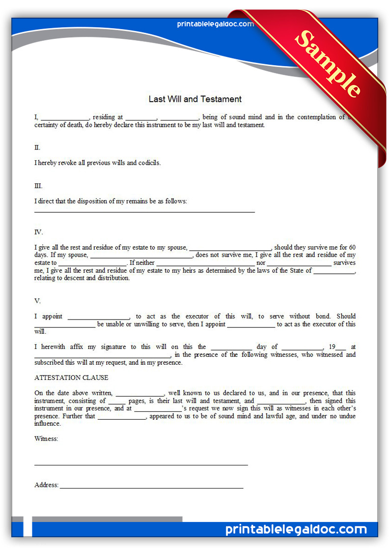 Free Printable Last Will And Testamant, Simple Form