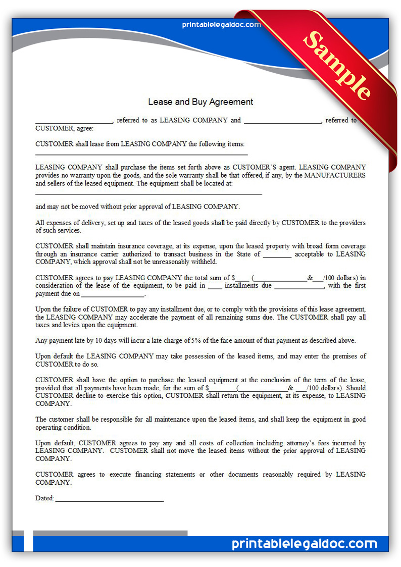 Free Printable Lease And Buy Agreement Form