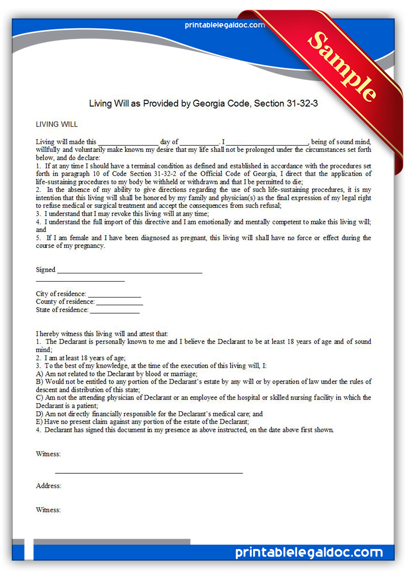 Free Printable Life Sustaining Statute, Georgia Form