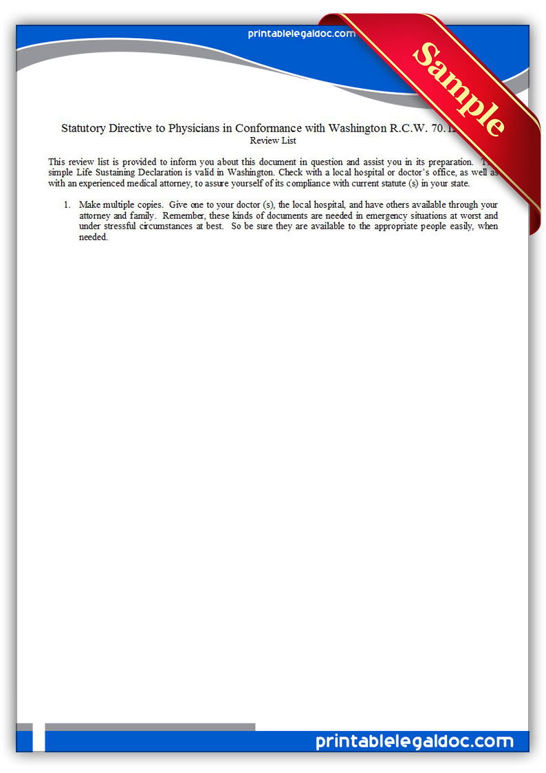 Free Printable Life Sustaining Statute, Washington Form