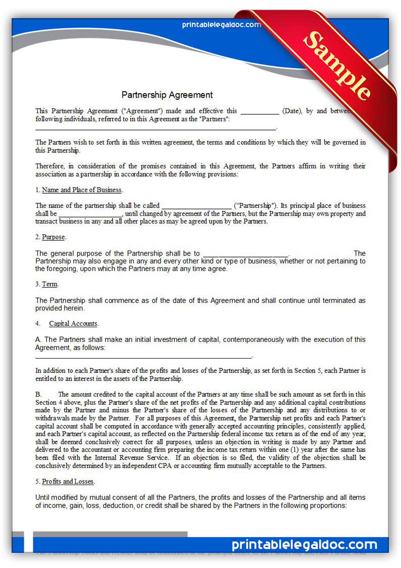 Free Printable Partnership Agreement Form Generic Law firm partnership agreement template