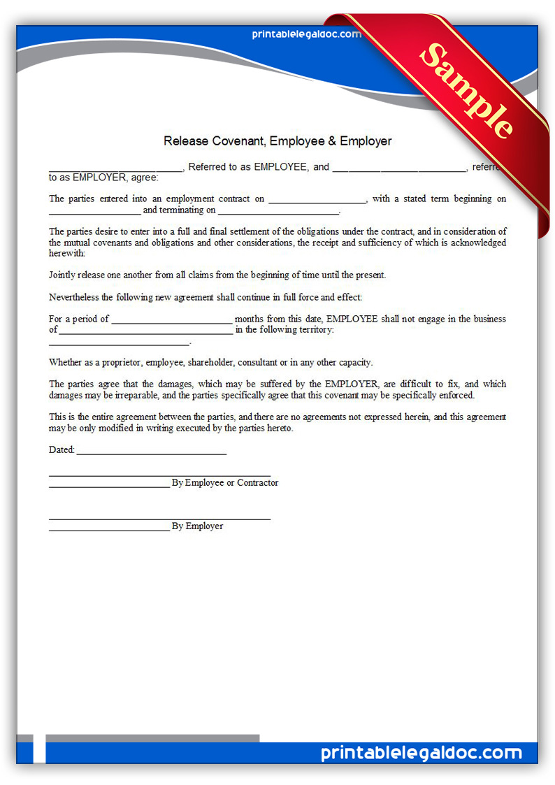 Free Printable Release Covenant, Employee & Employer Form