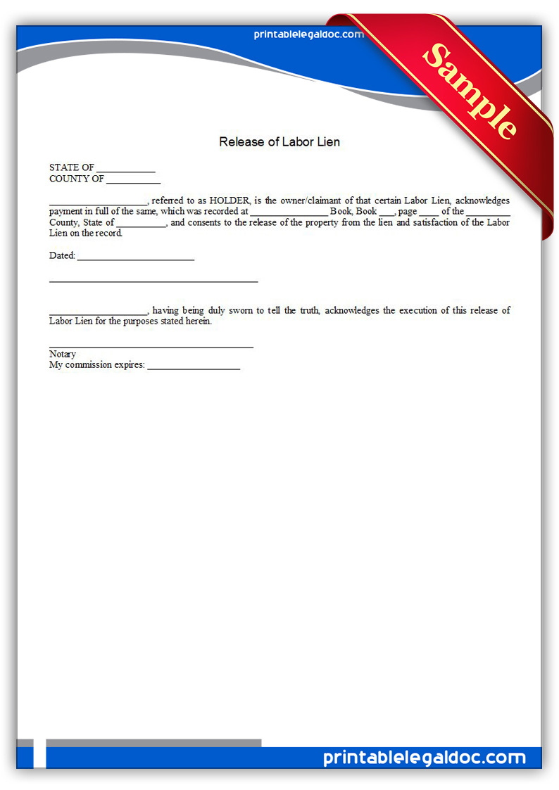 Free Printable Release Of Labor Lien Form