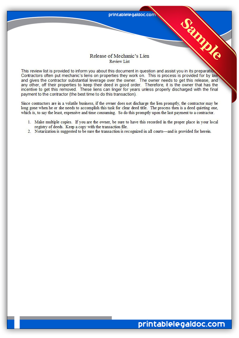 Free Printable Release Of Mechanic's Lien Form