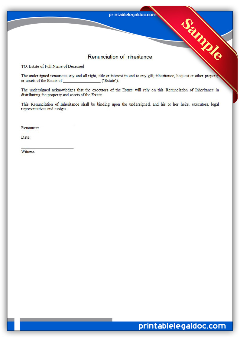 Free Printable Renunciation Of Inheritance Form (GENERIC)