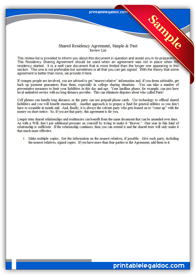 Free Printable Residence Sharing Agreement, Simple & Past Form