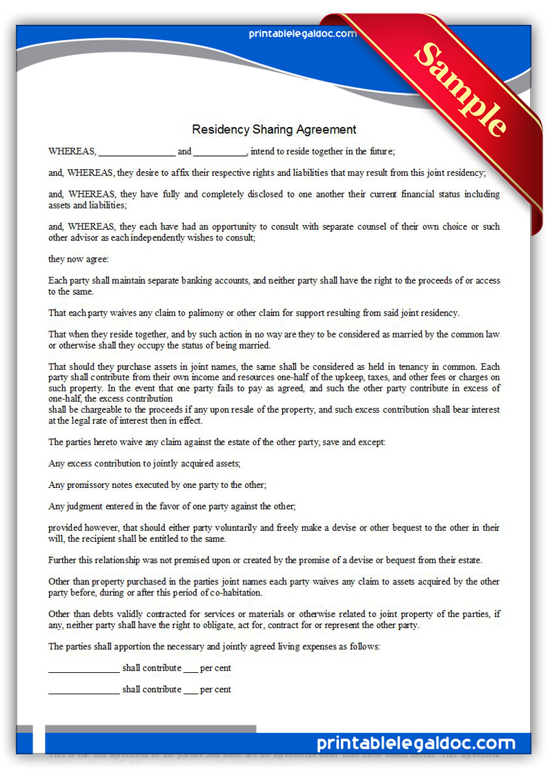 Free Printable Residence Sharing Agreement Form