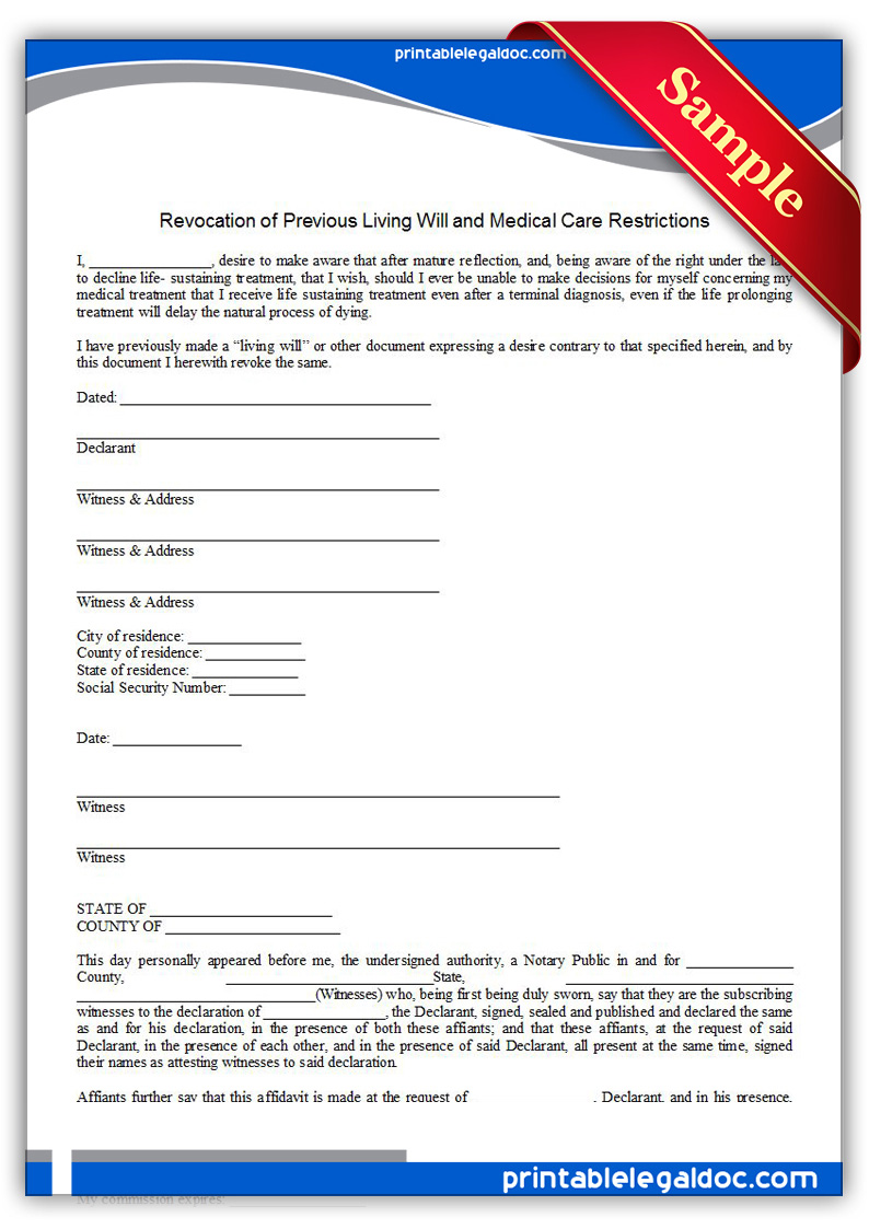 Free Printable Revocatio   n Of Life Sustaining Agreement Form (GENERIC)