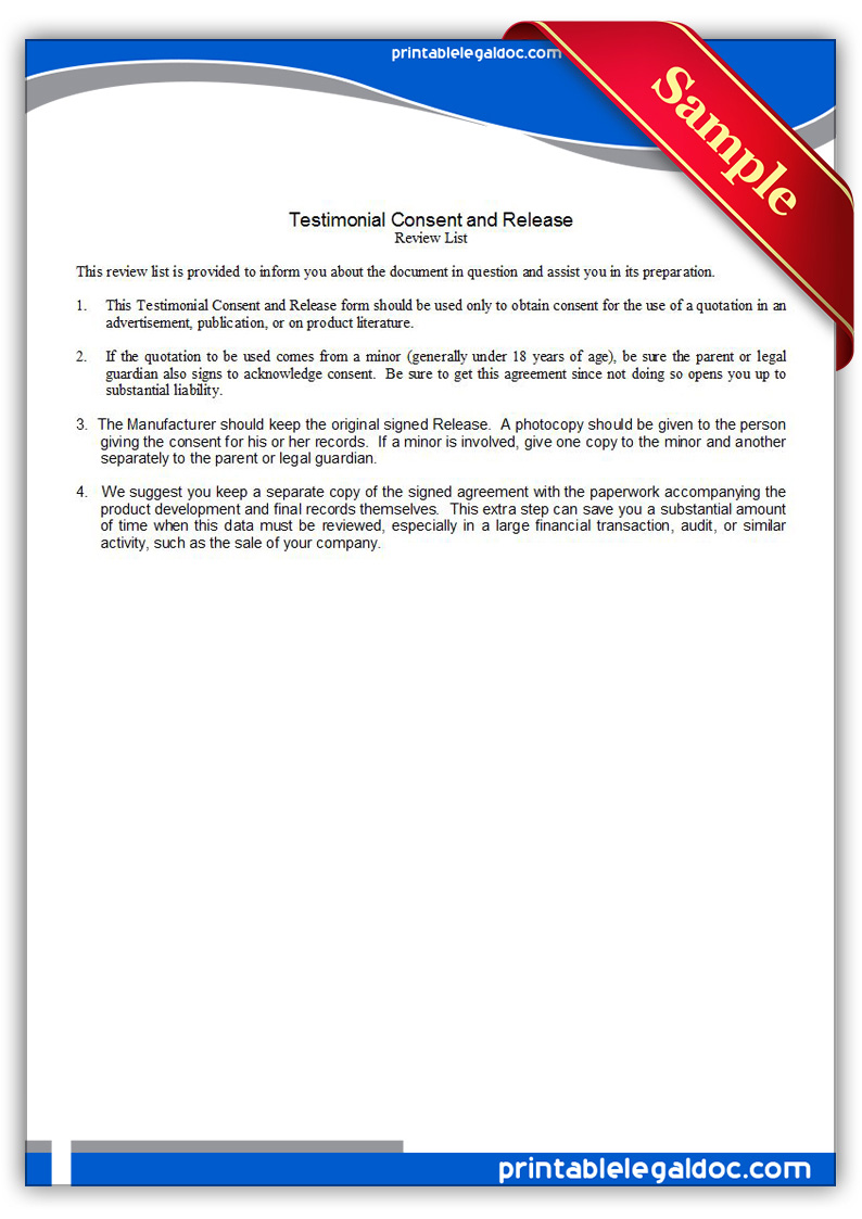 Free Printable Testimonial Consent And Release Form (GENERIC)