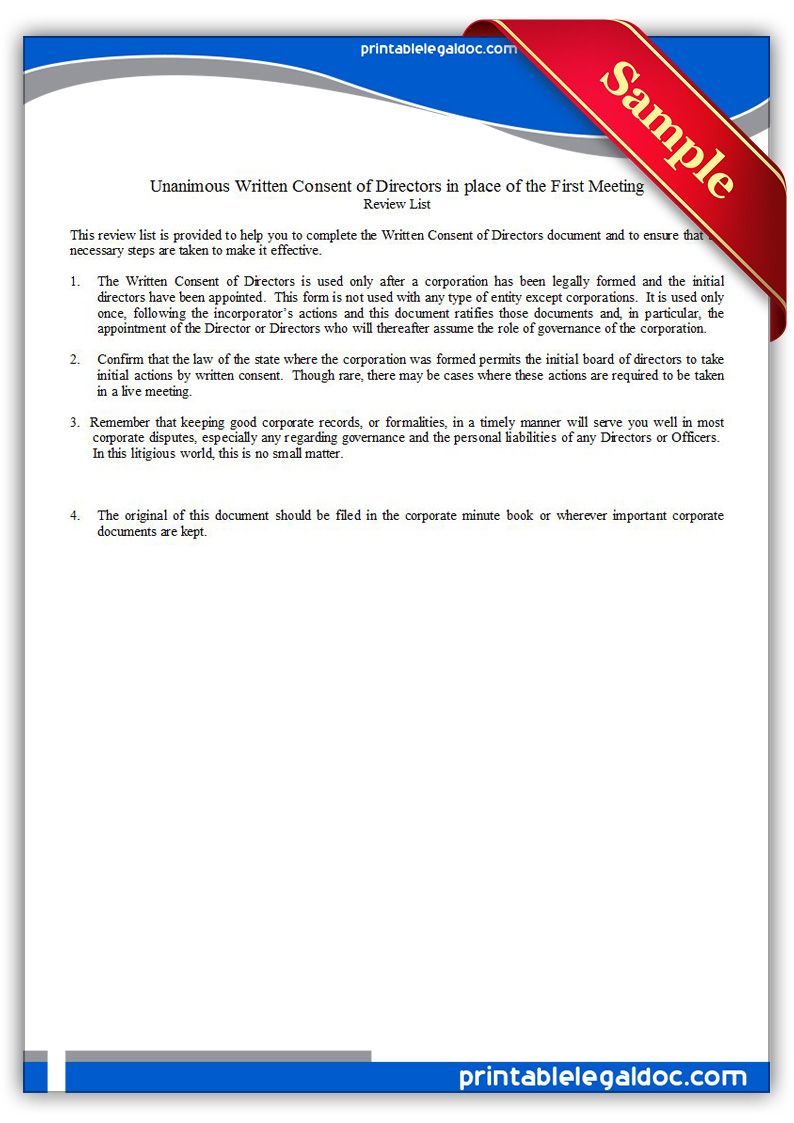 Free Printable Unanimous Written Consent Of Directors In Place Of The First Form