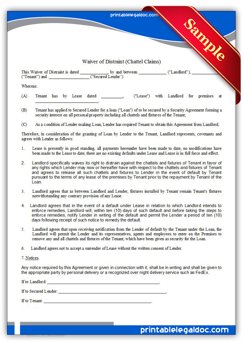 Waiver Of Distraint(Chattel Claims)