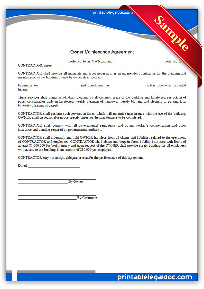 Free Printable Building Maintenance Agreement Form (GENERIC)