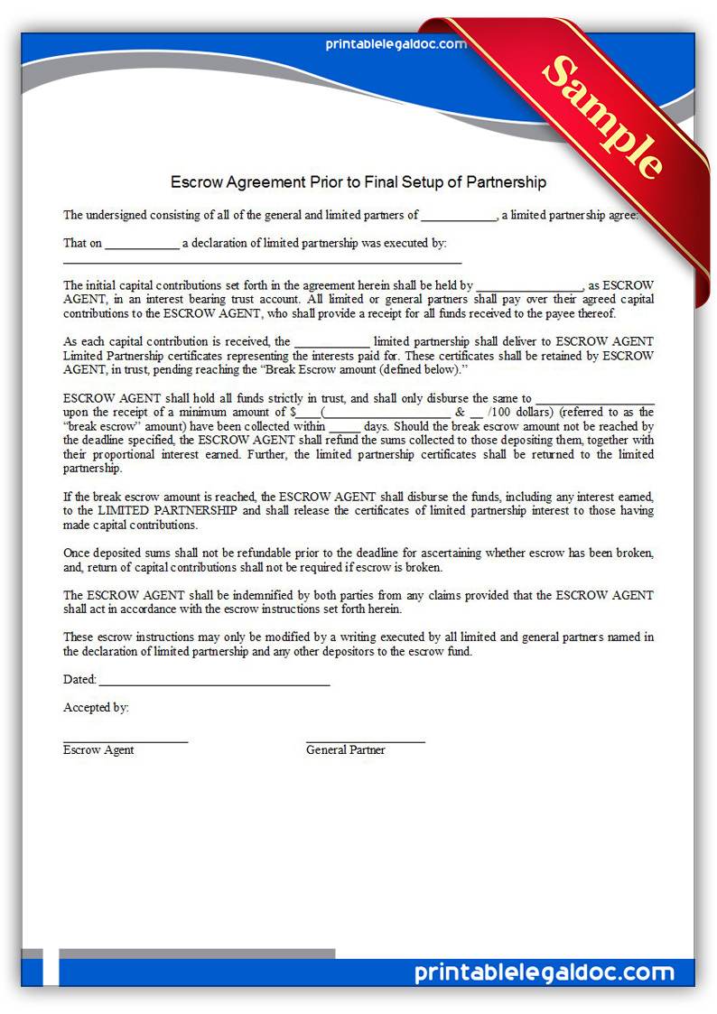 Escrow Agreement Prior To Final Setup Of Partnership