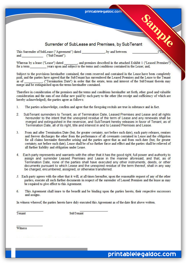 Surrender Of Sublease & Premises, By Tenant