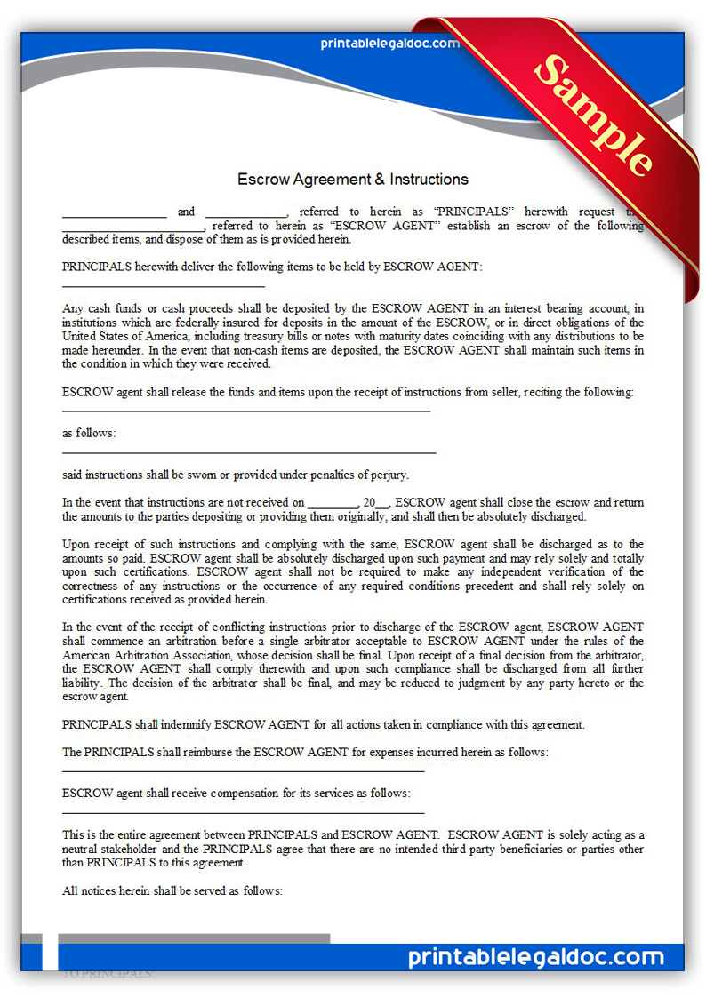 Free Printable Escrow Agreement Instructions Form GENERIC 