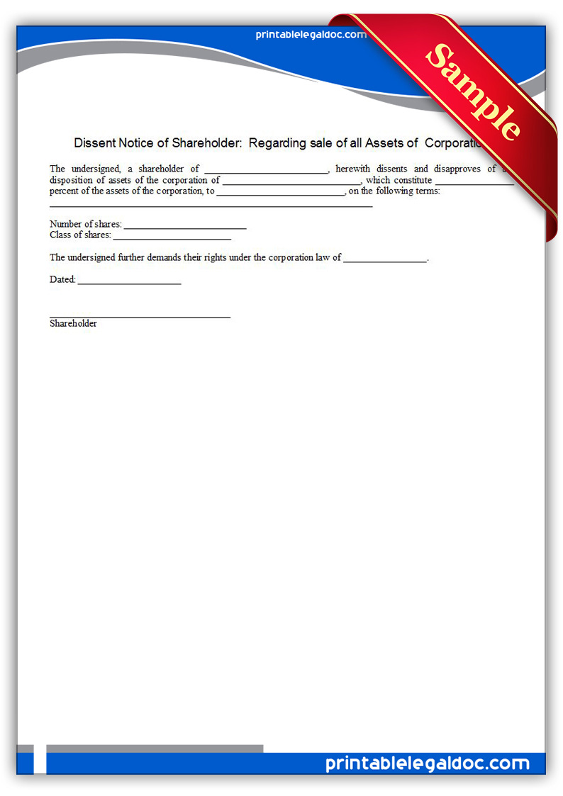 Dissent Notice Of Shareholder  Regarding Sale Of All Assets