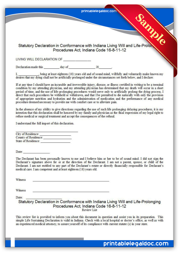 Printable-Life-Sustaining-Statute,-Indiana-Form