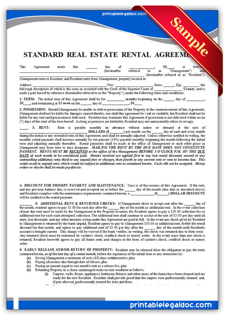 free printable standard lease agreement form generic
