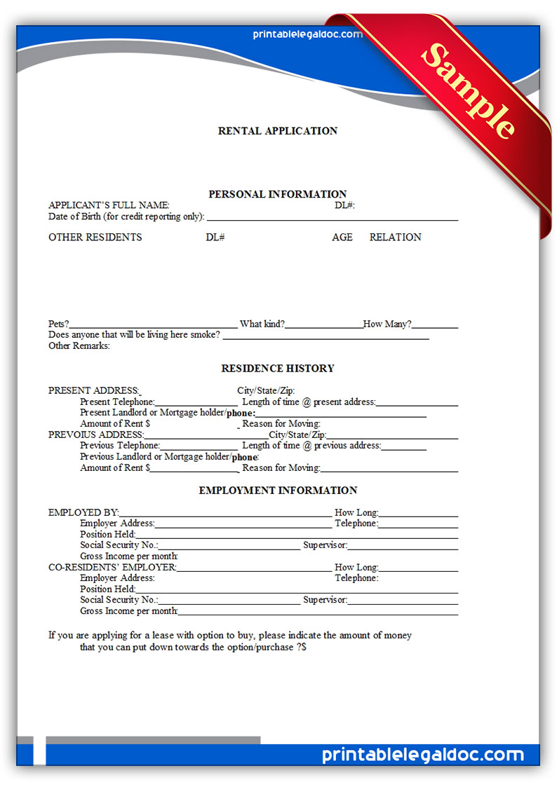 Rental Applications Form Free Printable