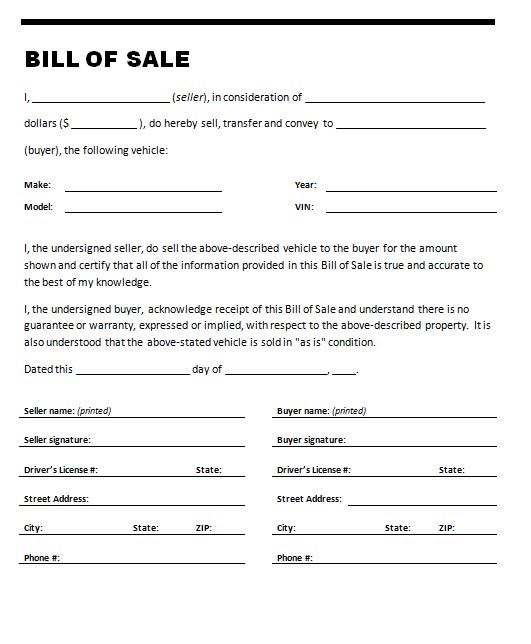 free printable auto bill of sale form generic