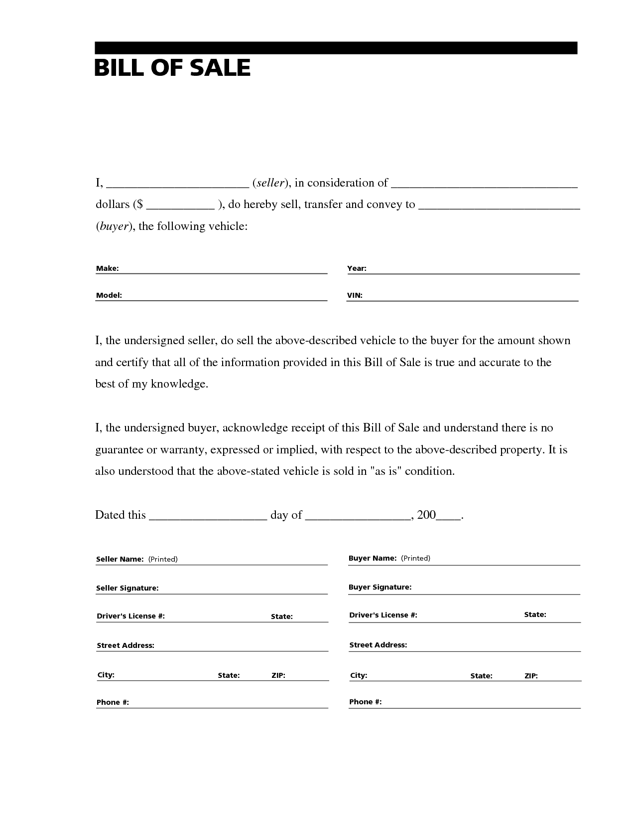 Free Printable Auto Bill Of Sale Form Generic