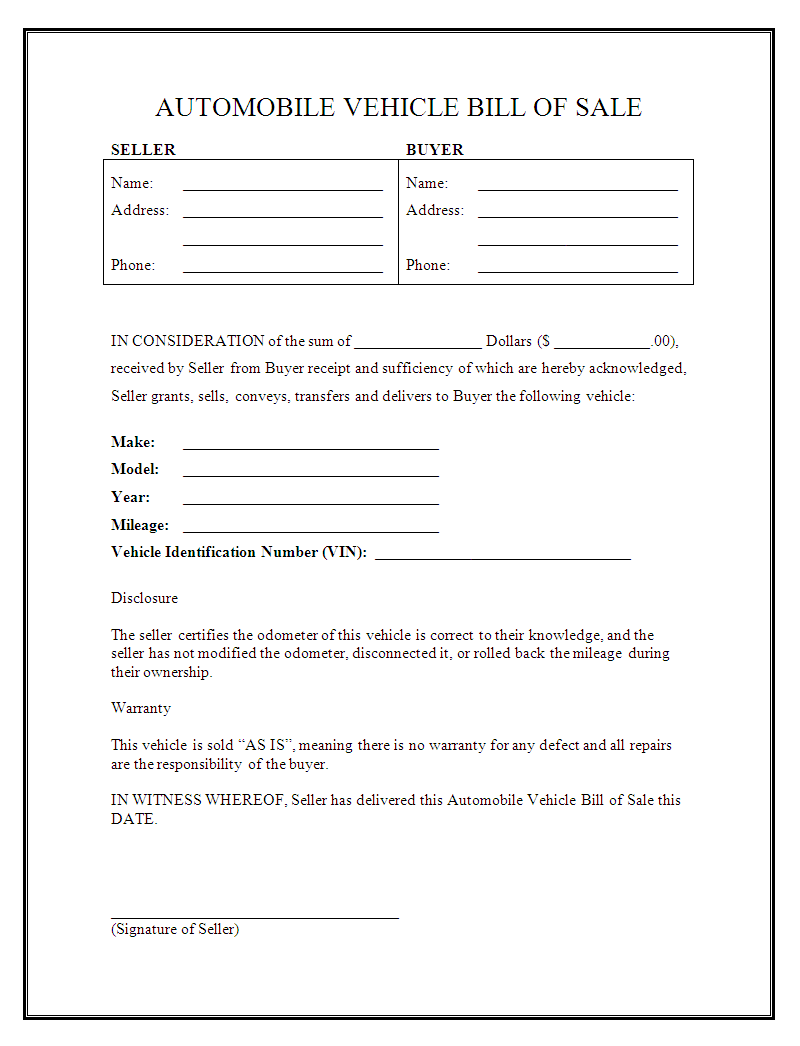 simple bill of sale for car free template