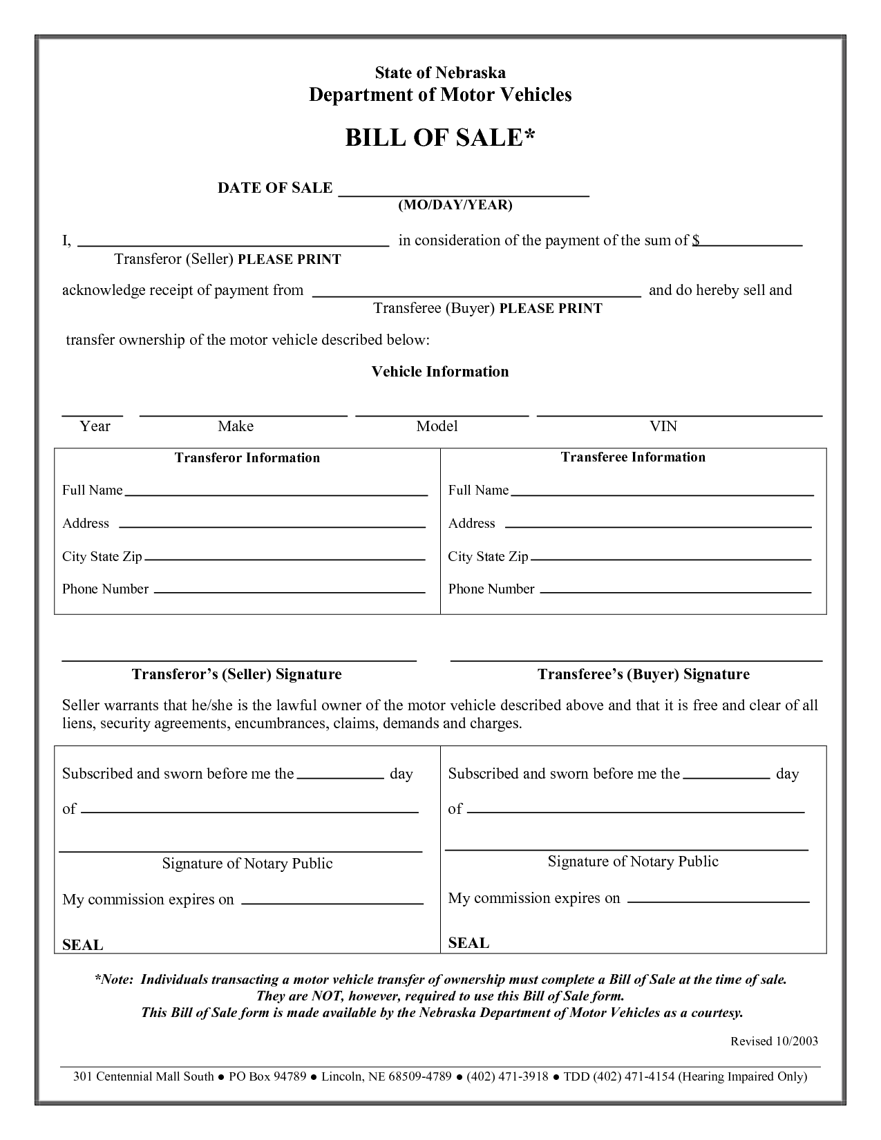 Free Printable Car Bill Of Sale Form