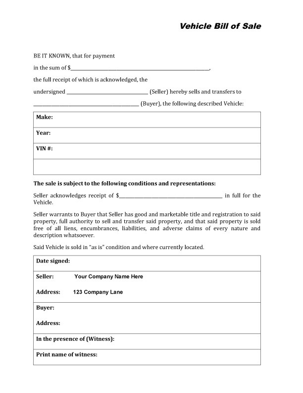 Free Printable Auto Bill Of Sale Form Generic