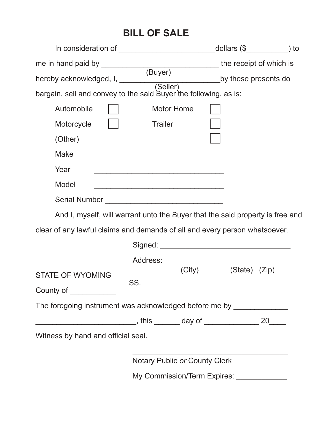 Free Printable Bill of Sale Camper Form (GENERIC)