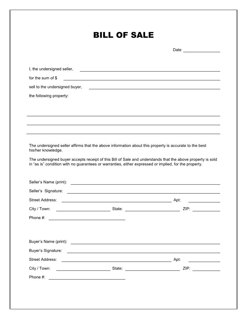 Free Printable Bill Of Sale Templates Form Generic