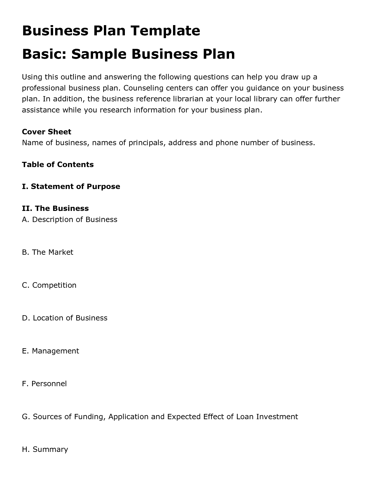 Free Printable Business Plan Template Form Generic