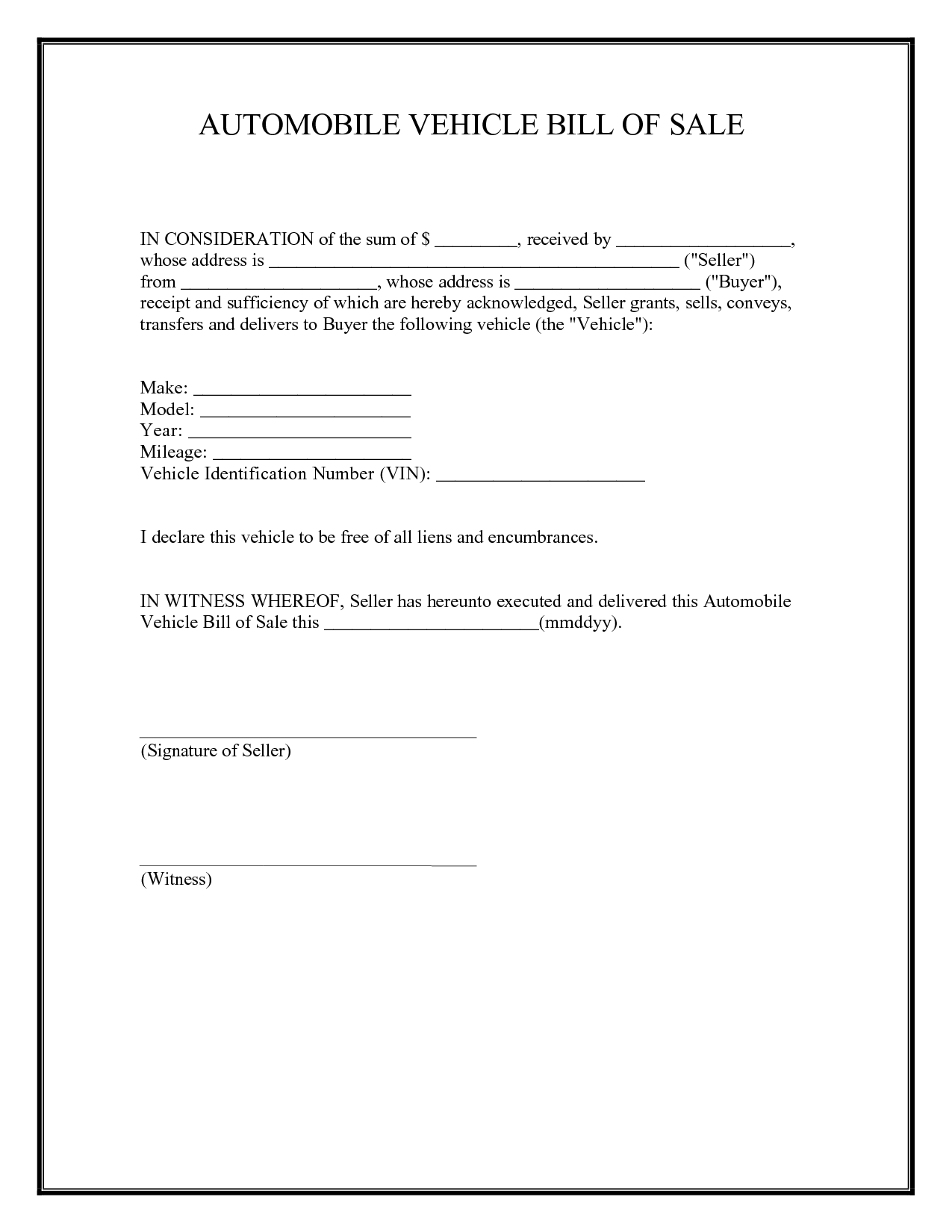 basic bill of sale form printable