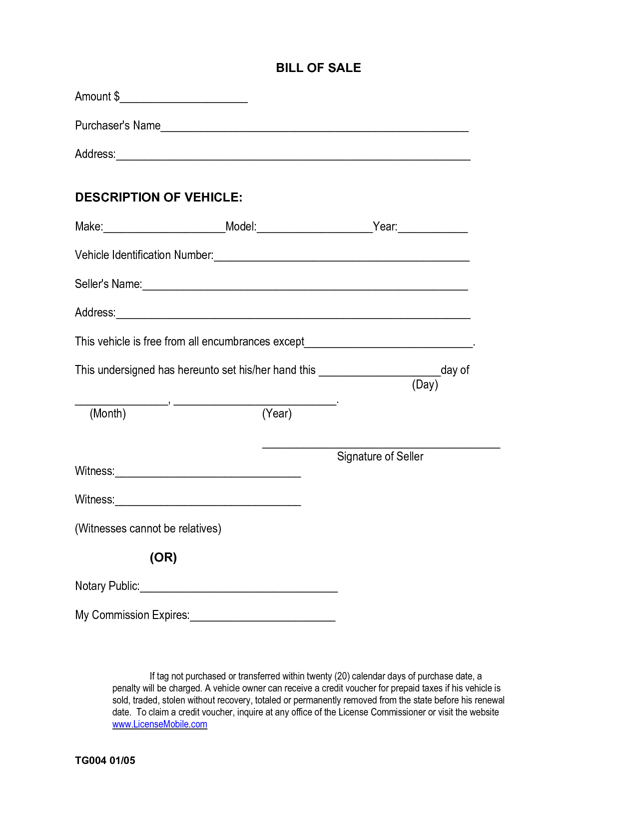 Free Printable Automobile Bill Of Sale Form