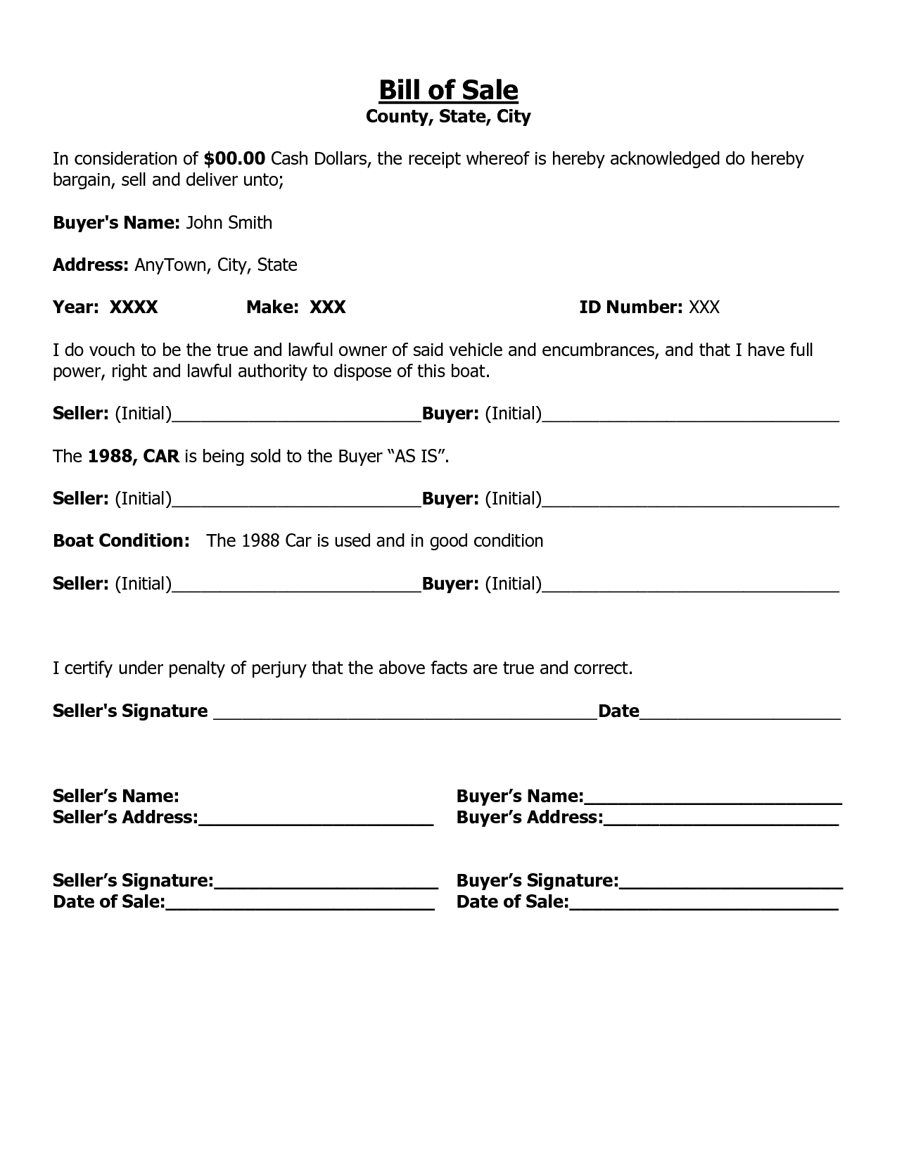 Free Printable Car Bill Of Sale Form Generic