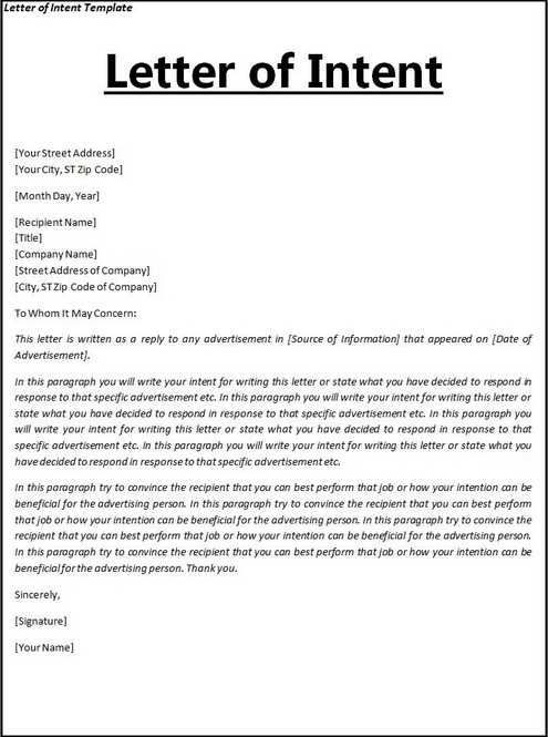 Free Printable A Letter of Intent Form (GENERIC) Free Printable A Letter of Intent Form (GENERIC)